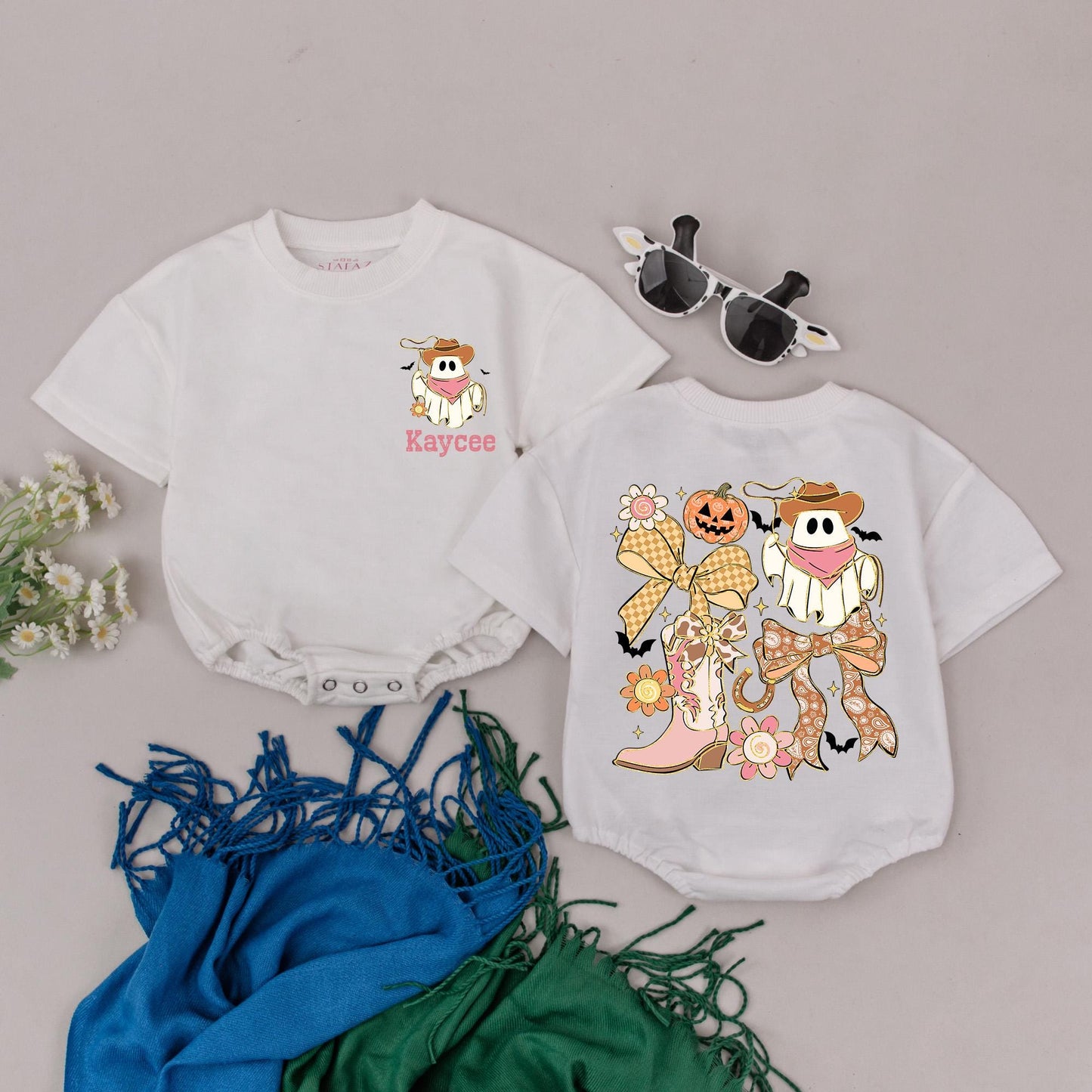 Retro Western Ghost Halloween Romper Baby Personalized Spooky Season Cowboy Boot Design Muted Peach Tan Gold Baby Shower Gift