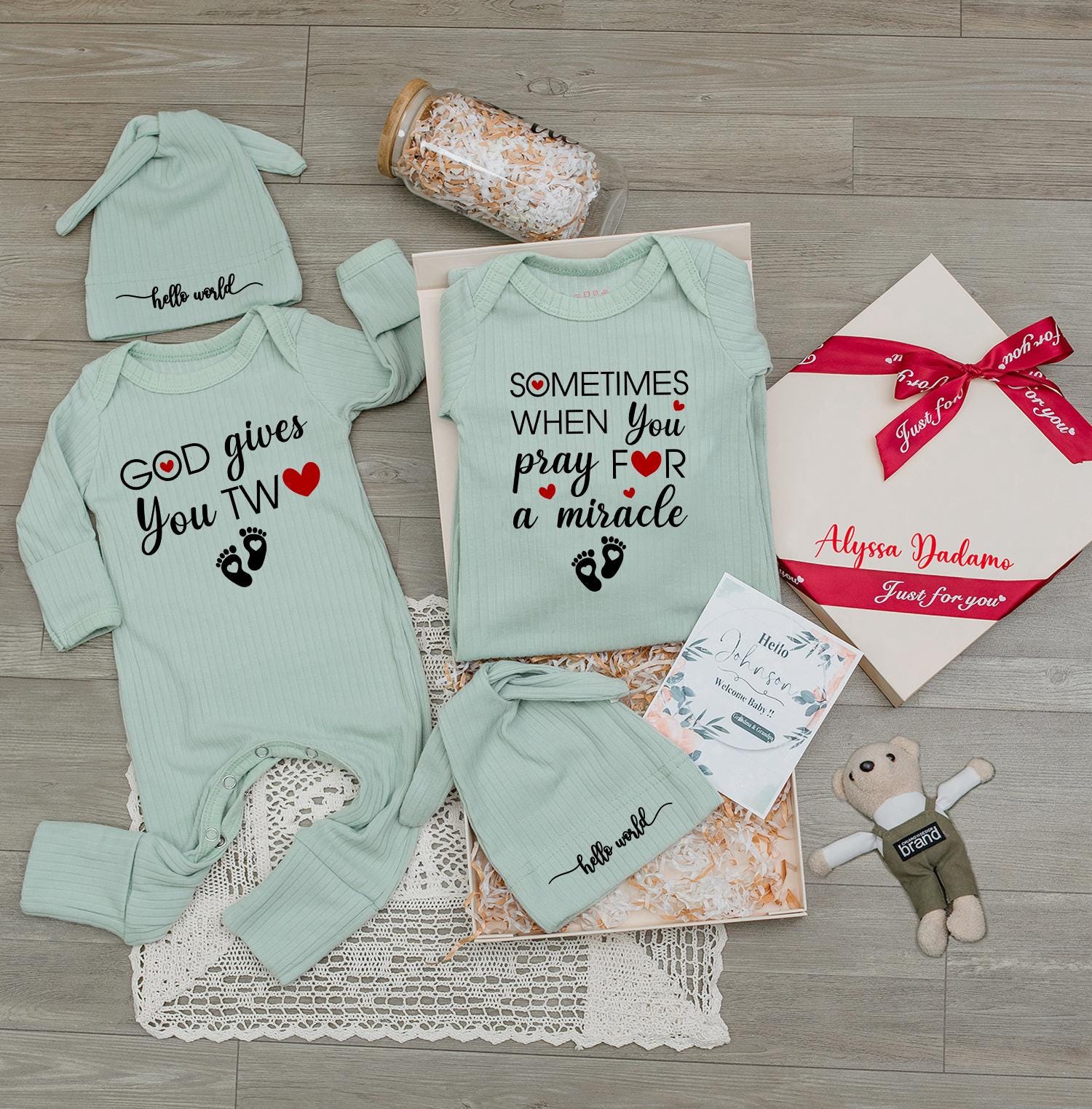 Twin Baby Rompers GOD Gives You TW❤️ Miracle Footprints Outfit Newborn Matching Long Sleeve Bodysuits Baby Shower Gift Set