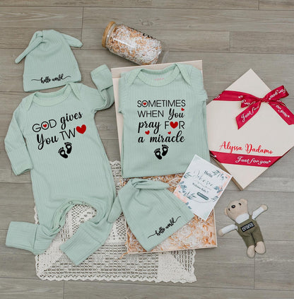 Twin Baby Rompers GOD Gives You TW❤️ Miracle Footprints Outfit Newborn Matching Long Sleeve Bodysuits Baby Shower Gift Set