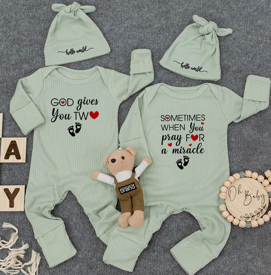 Twin Baby Rompers GOD Gives You TW❤️ Miracle Footprints Outfit Newborn Matching Long Sleeve Bodysuits Baby Shower Gift Set