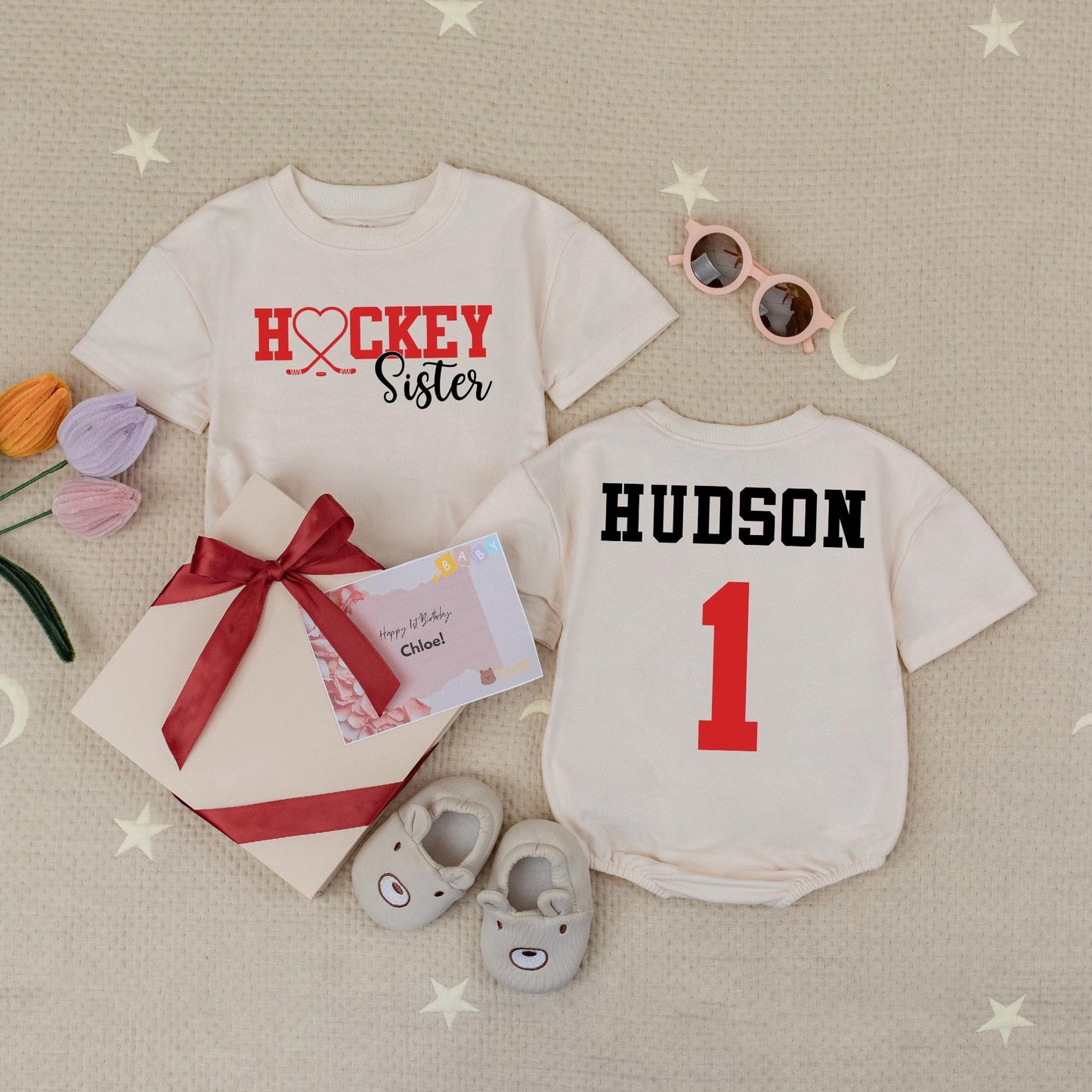 Custom Hockey Sister Romper Red Heart Hockey Sticks Little Sis Baby Girl Outfit Personalized Hudson Name 1