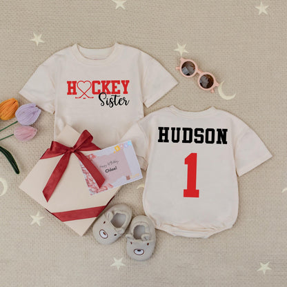 Custom Hockey Sister Romper Red Heart Hockey Sticks Little Sis Baby Girl Outfit Personalized Hudson Name 1