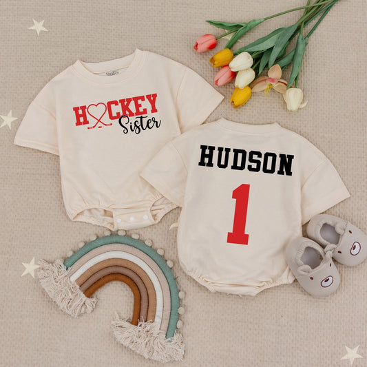 Custom Hockey Sister Romper Red Heart Hockey Sticks Little Sis Baby Girl Outfit Personalized Hudson Name 1