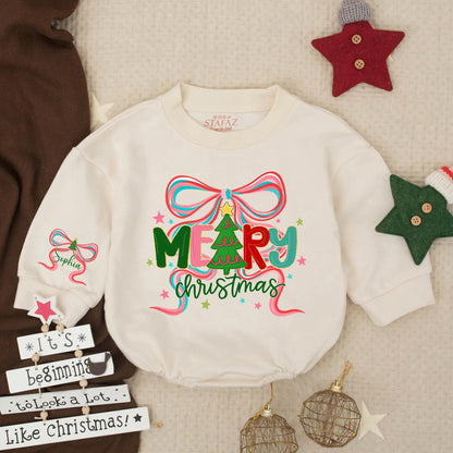 Merry Christmas Sophia Romper, Personalized Gold Tree Bow Outfit, Baby Girl Xmas Sweatshirt, Holiday Winter Gift, Cute Custom Name Clothes 139 chars