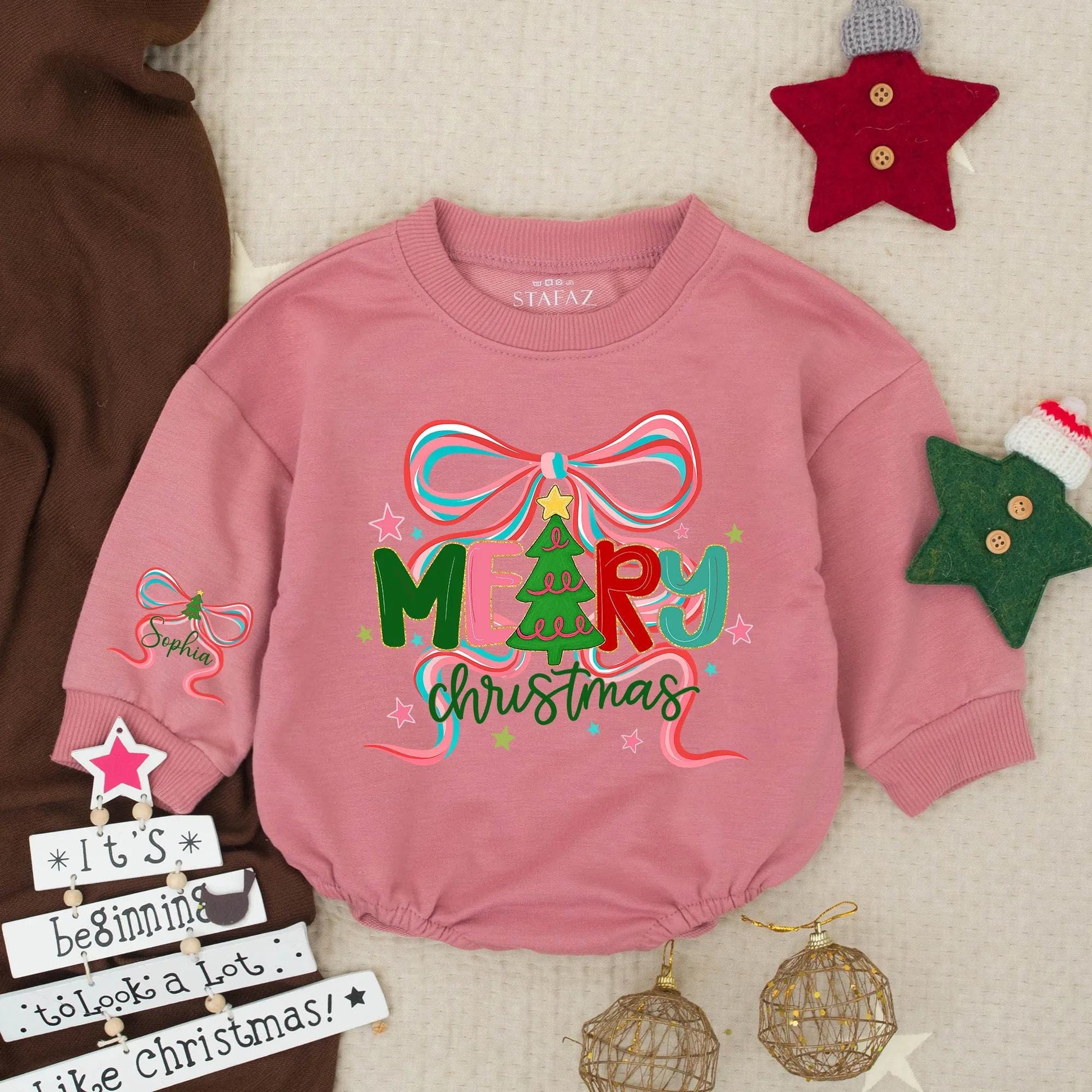Merry Christmas Sophia Romper, Personalized Gold Tree Bow Outfit, Baby Girl Xmas Sweatshirt, Holiday Winter Gift, Cute Custom Name Clothes 139 chars