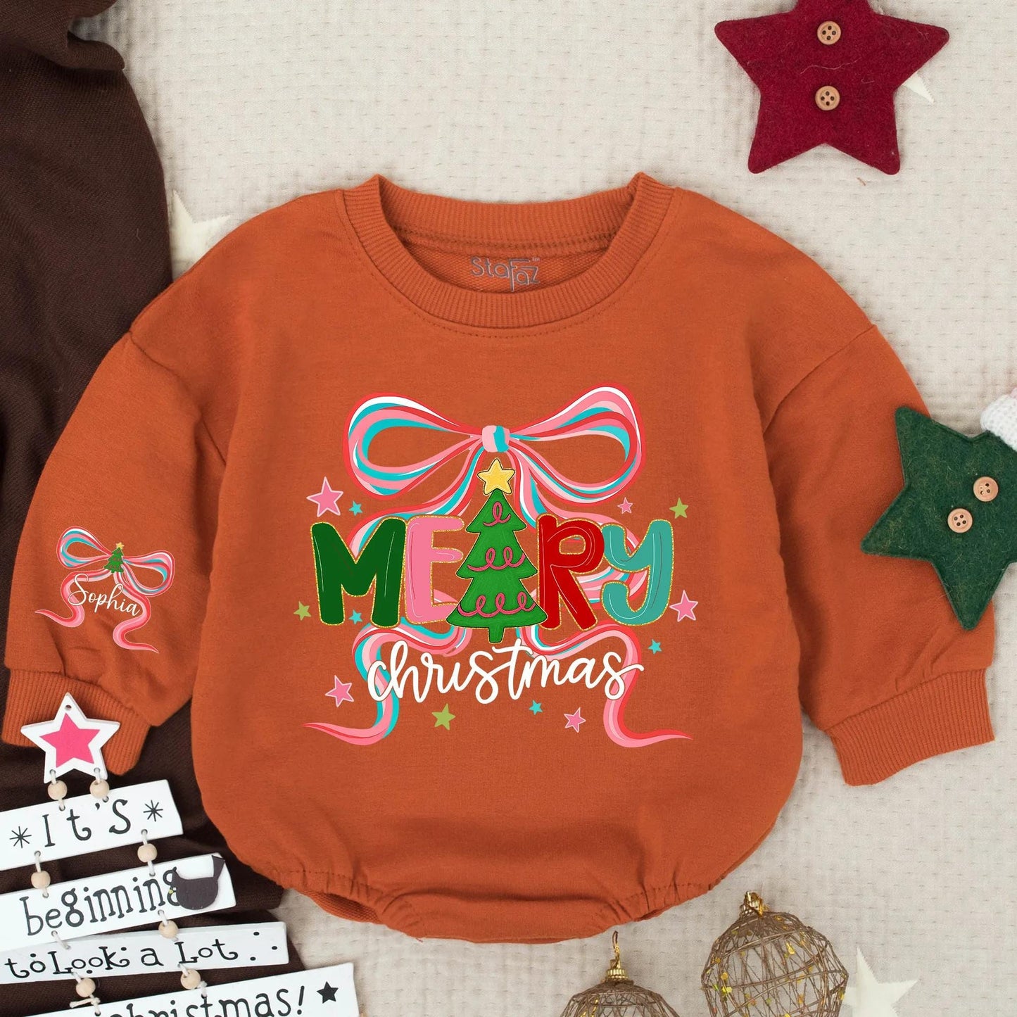 Merry Christmas Sophia Romper, Personalized Gold Tree Bow Outfit, Baby Girl Xmas Sweatshirt, Holiday Winter Gift, Cute Custom Name Clothes 139 chars