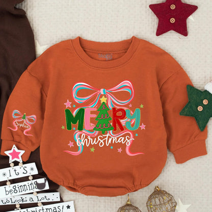 Merry Christmas Sophia Romper, Personalized Gold Tree Bow Outfit, Baby Girl Xmas Sweatshirt, Holiday Winter Gift, Cute Custom Name Clothes 139 chars