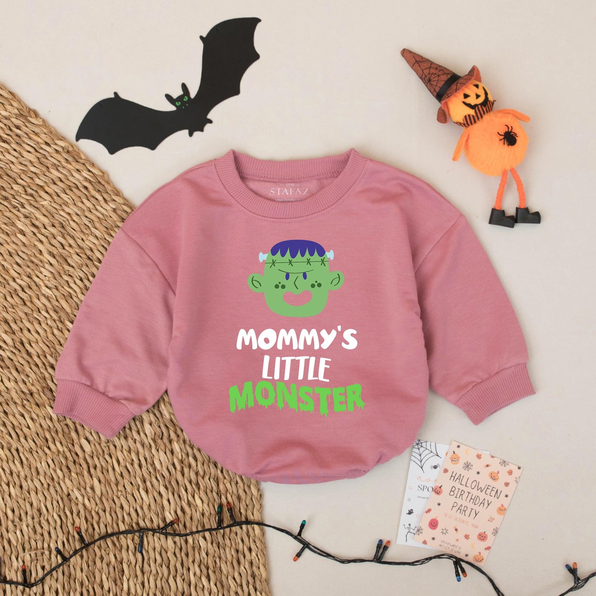 Mommy's Little Monster Halloween Baby Romper - Personalized Infant Frankenstein Outfit, Retro Spooky Costume, Custom Name Fall Clothes, Baby Shower Gift