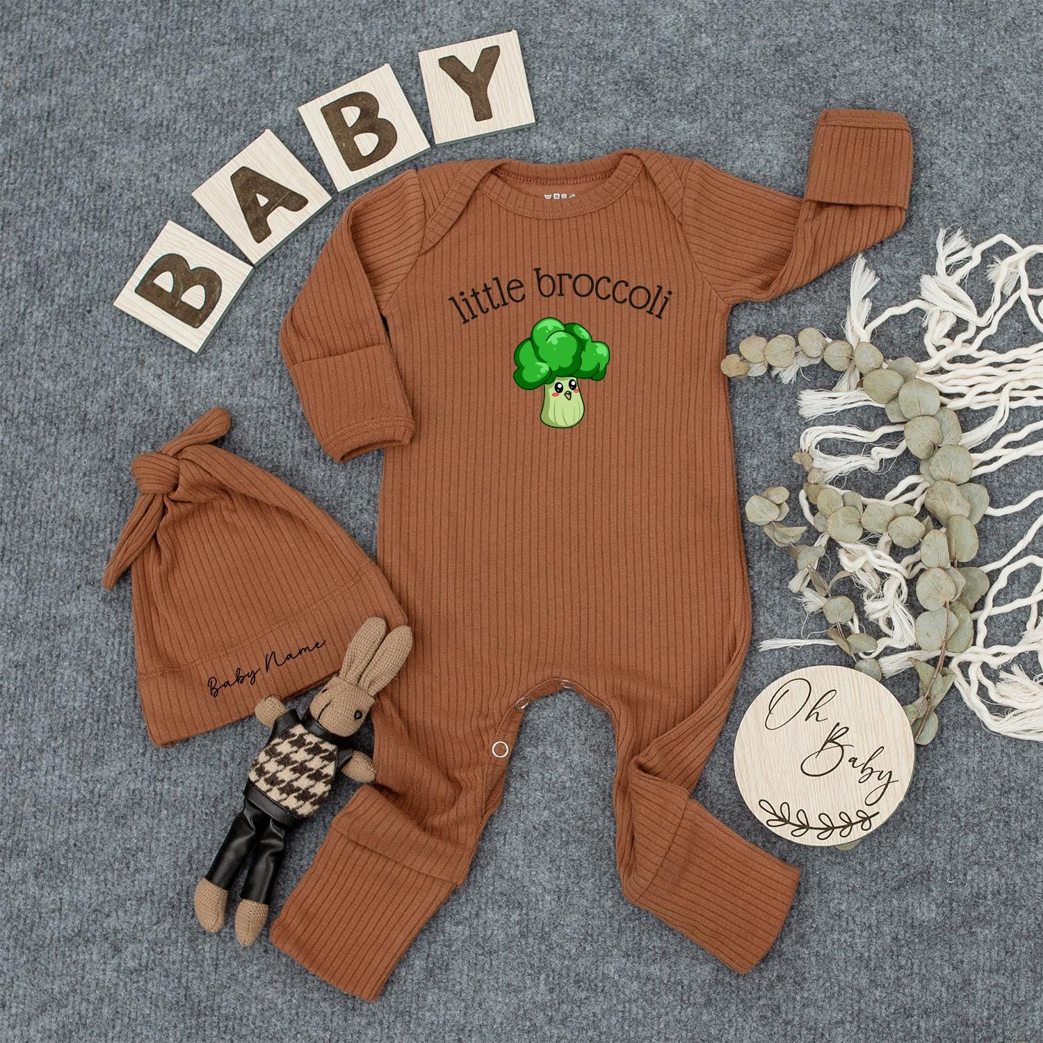 Little Broccoli Baby Romper Funny Vegetable Bodysuit Personalized with Baby Name Cute Shower Gift Ribbed Long Sleeve Outfit Newborn Coming Home Clothes