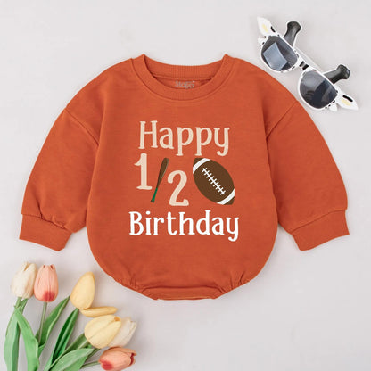 Happy 1/2 Birthday Football Romper Baby Boy Outfit 6 Months Old Sport Theme Bodysuit Gift, Fun Half Birthday Clothes