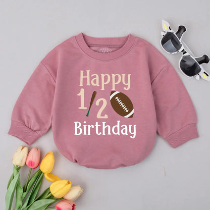 Happy 1/2 Birthday Football Romper Baby Boy Outfit 6 Months Old Sport Theme Bodysuit Gift, Fun Half Birthday Clothes