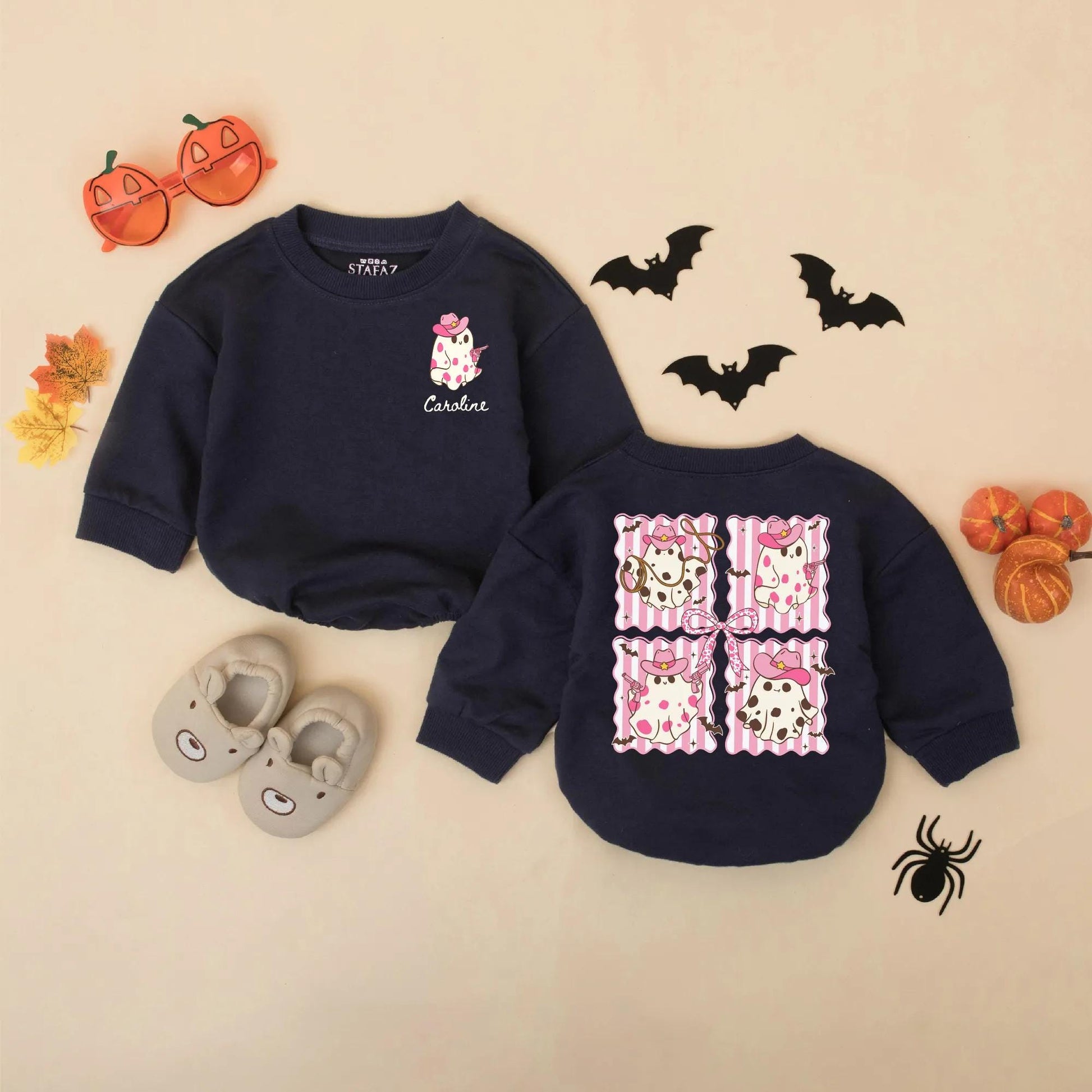Custom Pink Cowboy Ghost Baby Romper Personalized Name Western Halloween Outfit Infant Girl Cute Spooky Season Costume Newborn Gift