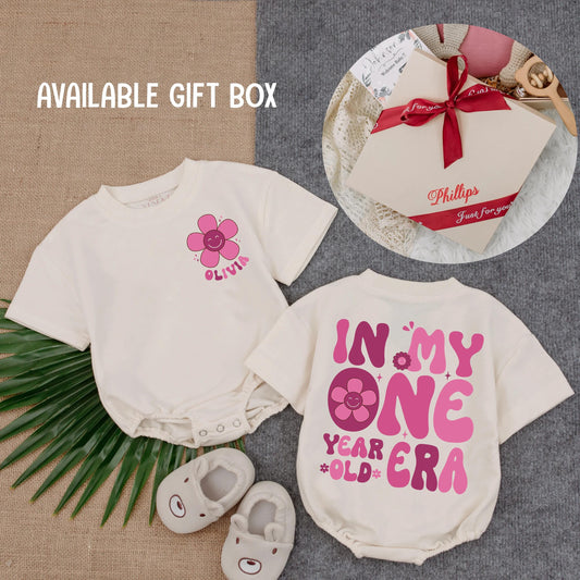 Personalized First Birthday Girl Romper Retro 70s Smiley Face Flower Outfit, Custom Name One Year Old Era Toddler Shirt Summer Gift 1st Bday Party (139)