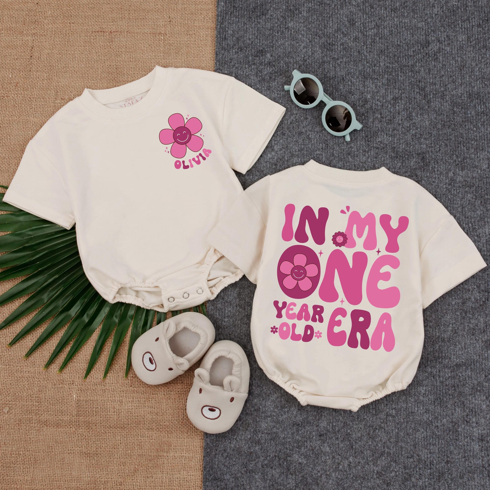 Personalized First Birthday Girl Romper Retro 70s Smiley Face Flower Outfit, Custom Name One Year Old Era Toddler Shirt Summer Gift 1st Bday Party (139)