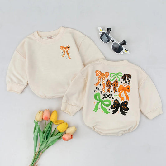 Retro Halloween Bow Bubble Romper, Spooky Polka Dot Girl Outfit, Cute Fall Baby Clothes with Orange, Black & Green Bows, Vintage Spiders, Stars Gift 138