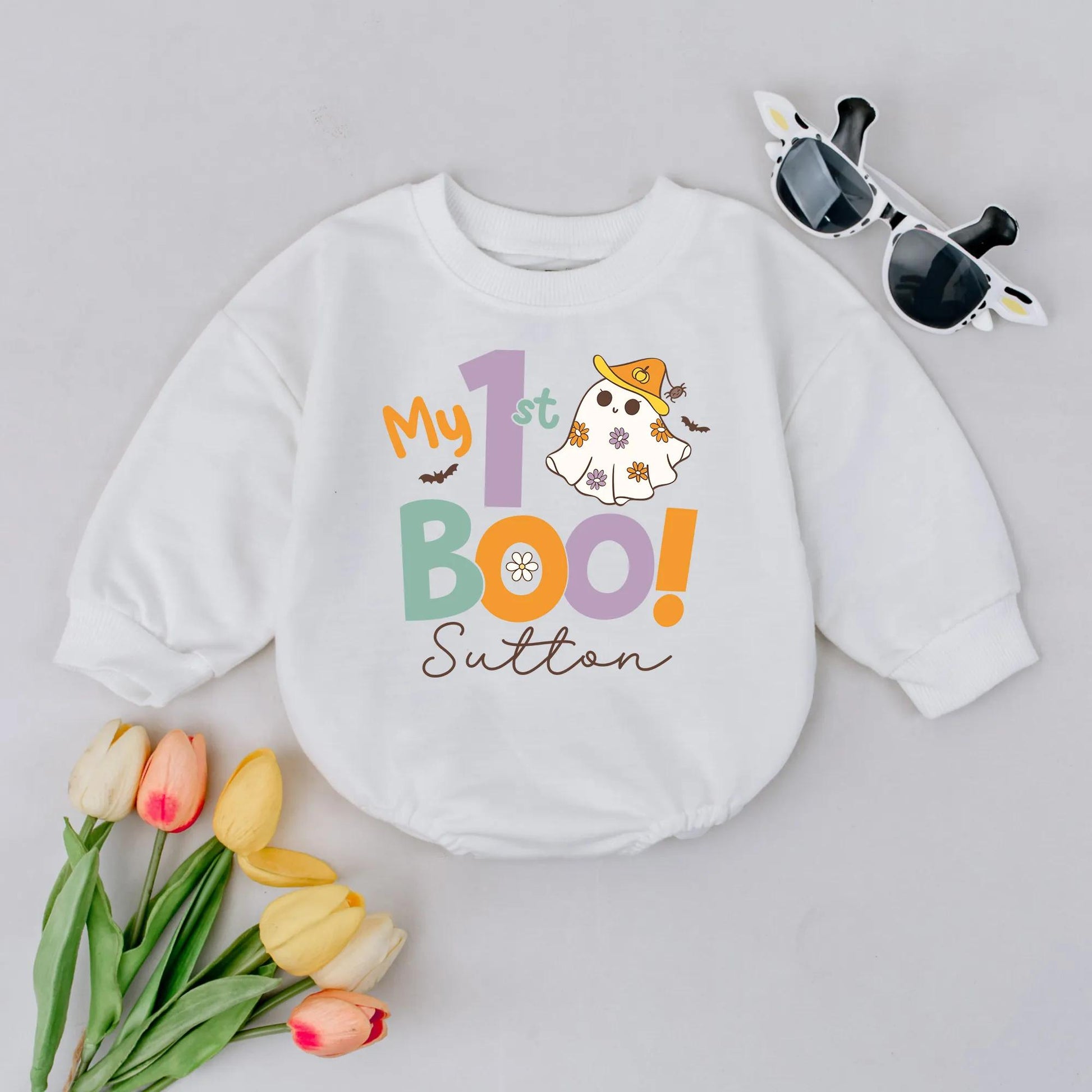 My 1st Boo! Personalized Halloween Romper, Cute Ghost Outfit, Custom Name Bodysuit, Fall Baby Clothes, First Halloween Birthday Gift (137 chars)