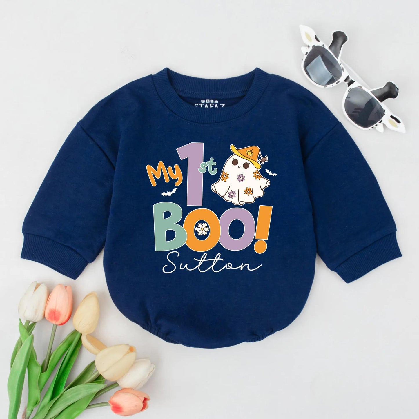 My 1st Boo! Personalized Halloween Romper, Cute Ghost Outfit, Custom Name Bodysuit, Fall Baby Clothes, First Halloween Birthday Gift (137 chars)