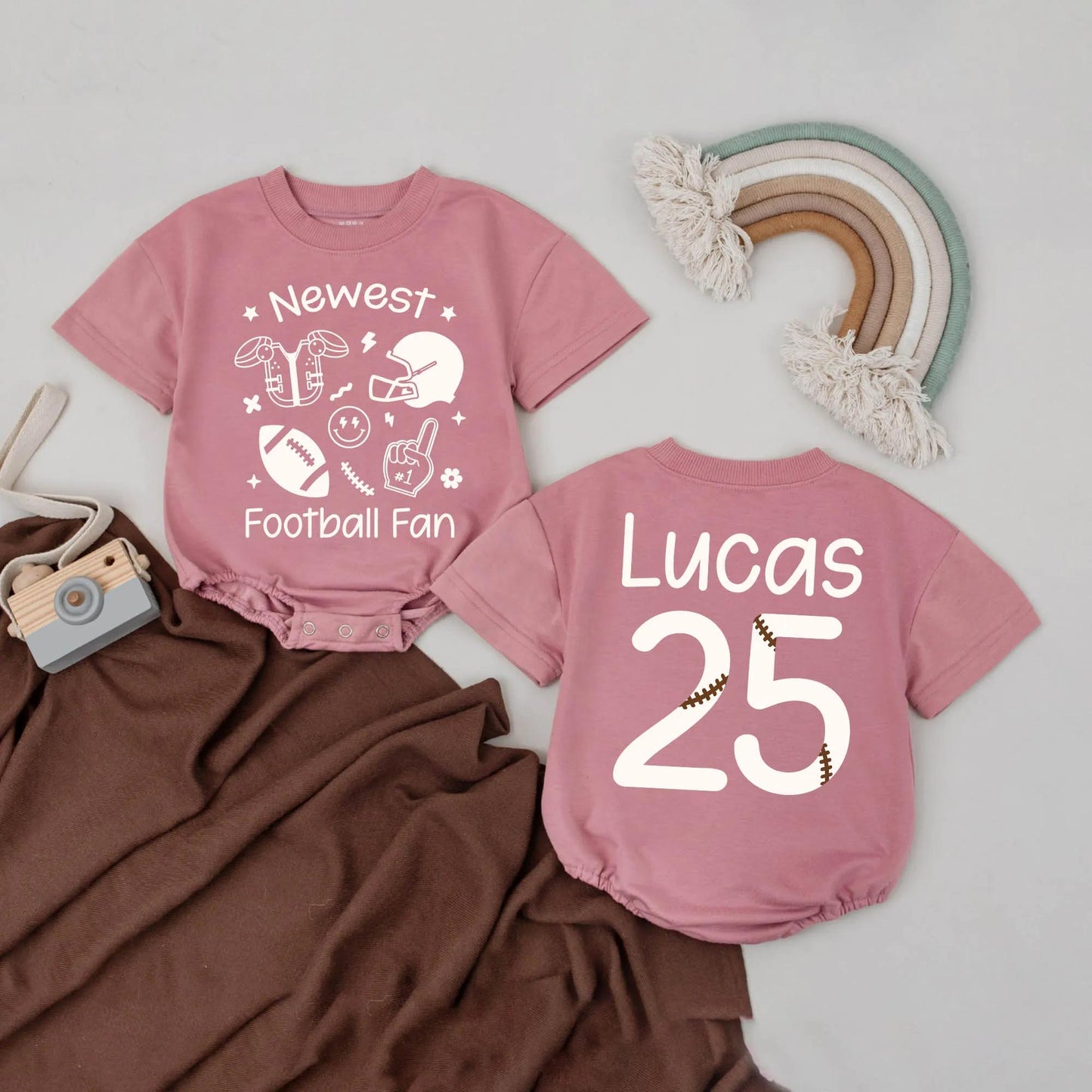 Newest Football Fan Baby Romper Brown Sports Design Lucas 25 Birthday Outfit Toddler Infant Football Gift