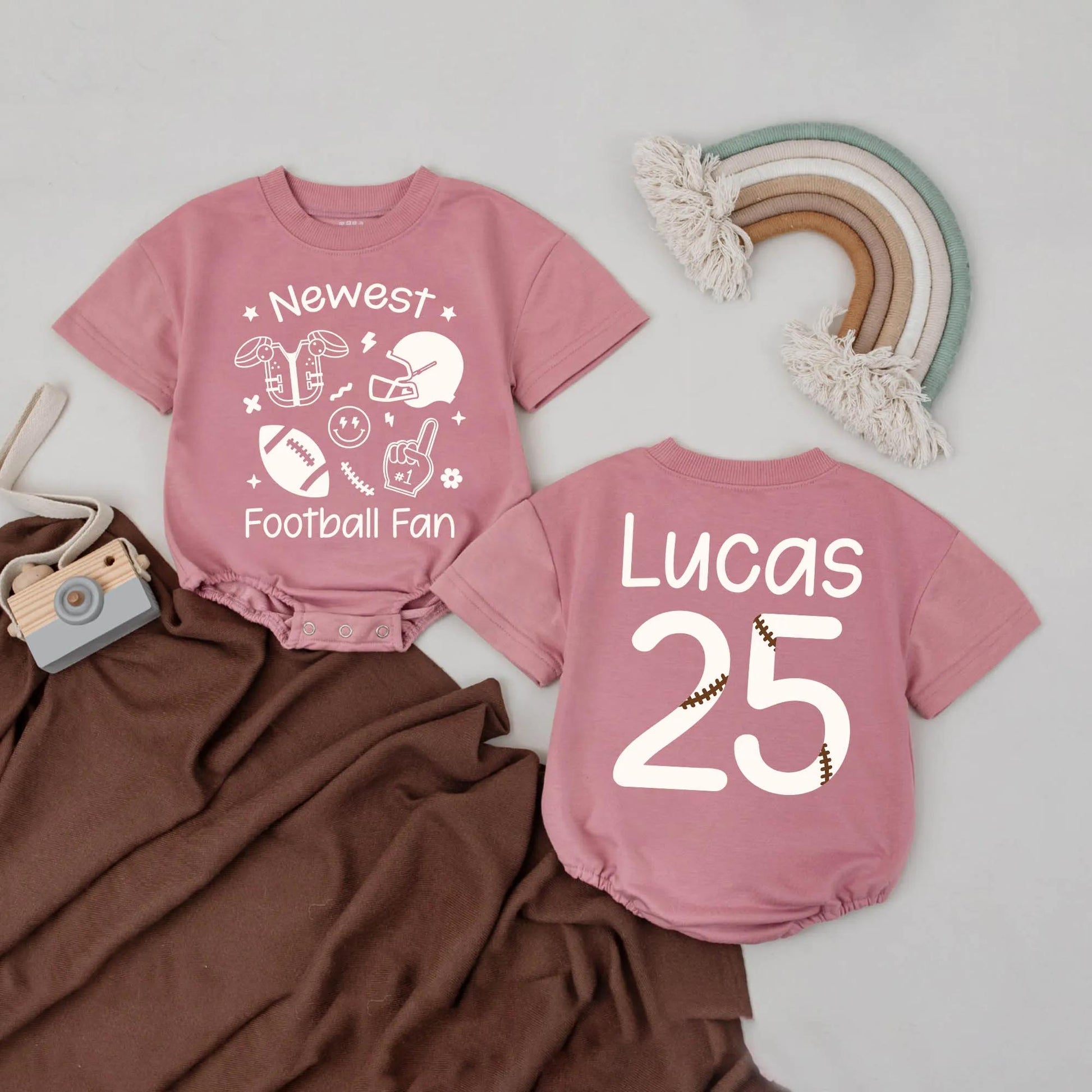 Newest Football Fan Baby Romper Brown Sports Design Lucas 25 Birthday Outfit Toddler Infant Football Gift