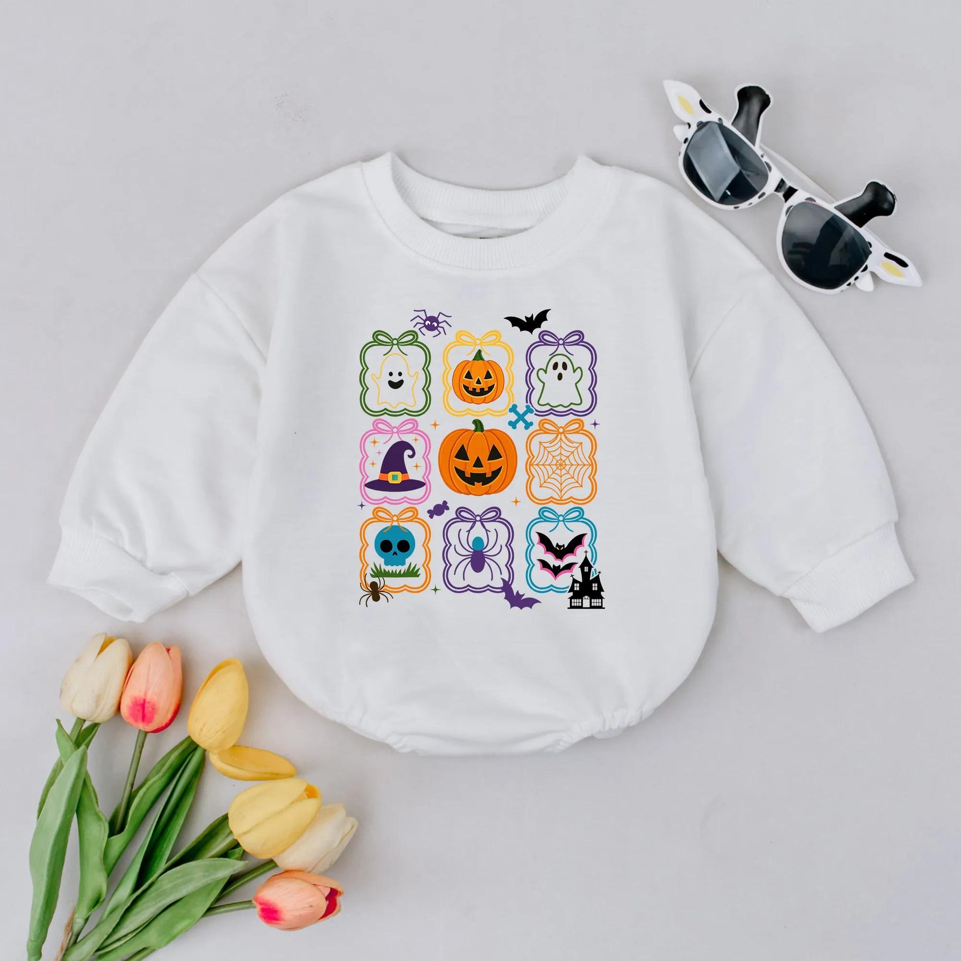 Cute Halloween Bubble Romper Pumpkin Ghost Baby Outfit First Halloween Bodysuit Fall Baby Shower Gift Spooky Season Grid Design