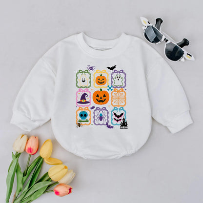 Cute Halloween Bubble Romper Pumpkin Ghost Baby Outfit First Halloween Bodysuit Fall Baby Shower Gift Spooky Season Grid Design