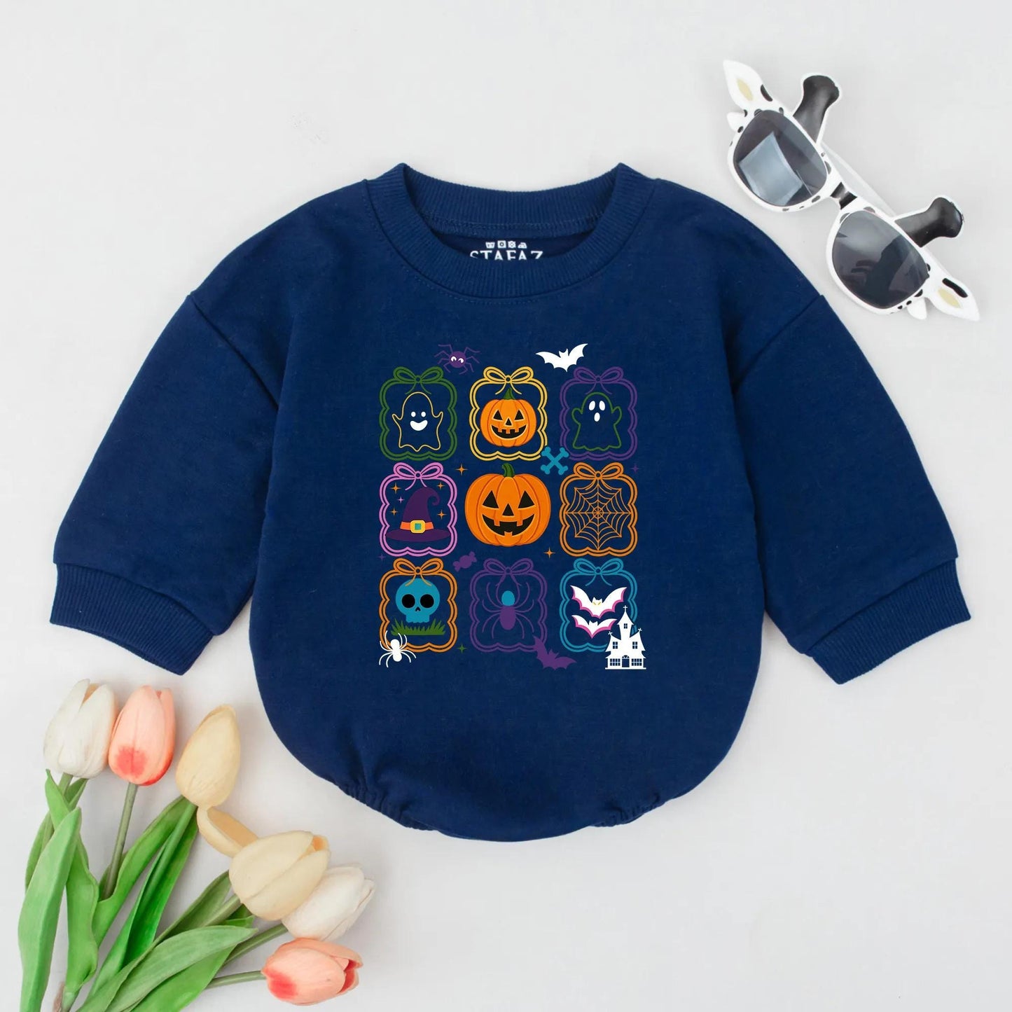 Cute Halloween Bubble Romper Pumpkin Ghost Baby Outfit First Halloween Bodysuit Fall Baby Shower Gift Spooky Season Grid Design