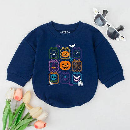 Cute Halloween Bubble Romper Pumpkin Ghost Baby Outfit First Halloween Bodysuit Fall Baby Shower Gift Spooky Season Grid Design
