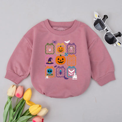 Cute Halloween Bubble Romper Pumpkin Ghost Baby Outfit First Halloween Bodysuit Fall Baby Shower Gift Spooky Season Grid Design