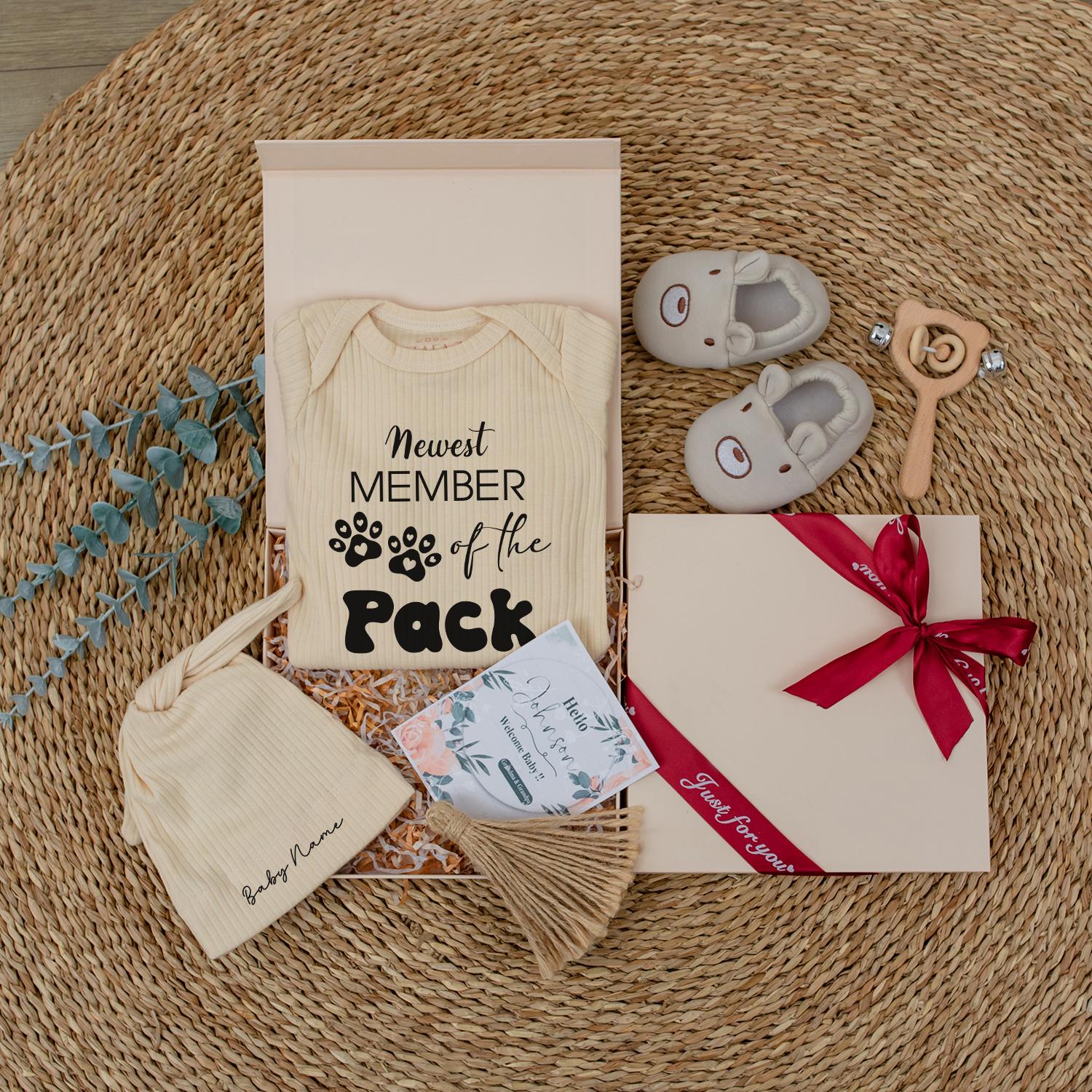 Newest Member of the Pack Baby Romper Dog Lover Outfit Neutral Ribbed Bodysuit Funny Pet Themed Baby Shower Gift