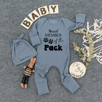 Newest Member of the Pack Baby Romper Dog Lover Outfit Neutral Ribbed Bodysuit Funny Pet Themed Baby Shower Gift