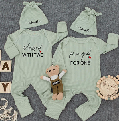 Blessed With Two Prayed For One Twin Baby Romper Set, Hello World Bodysuits, Matching Ribbed Newborn Outfits, Unisex Twin Shower Gift for Baby Twins (138 chars)