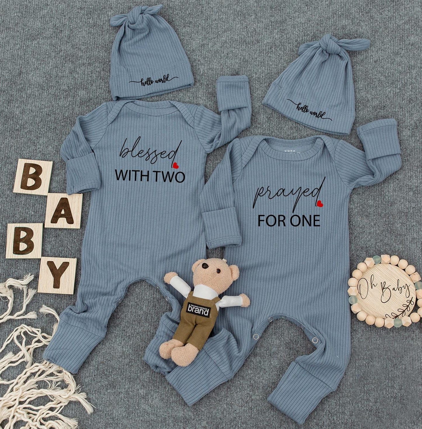 Blessed With Two Prayed For One Twin Baby Romper Set, Hello World Bodysuits, Matching Ribbed Newborn Outfits, Unisex Twin Shower Gift for Baby Twins (138 chars)