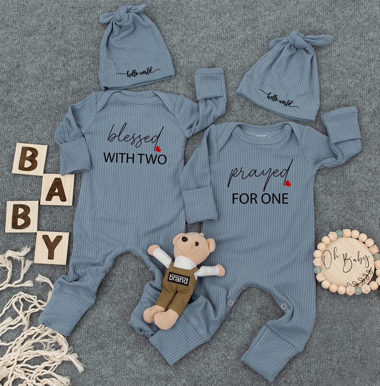 Blessed With Two Prayed For One Twin Baby Romper Set, Hello World Bodysuits, Matching Ribbed Newborn Outfits, Unisex Twin Shower Gift for Baby Twins (138 chars)