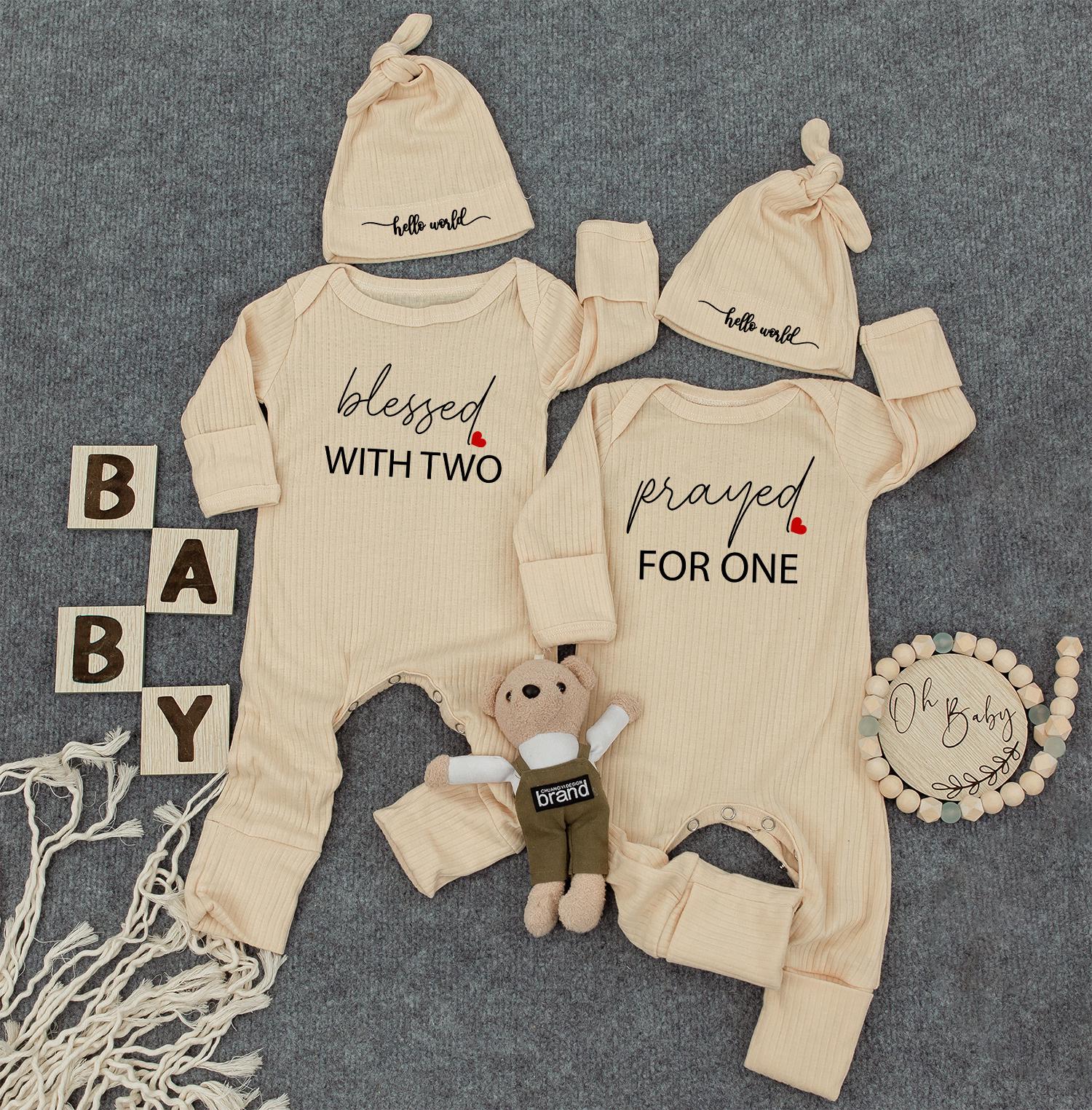 Blessed With Two Prayed For One Twin Baby Romper Set, Hello World Bodysuits, Matching Ribbed Newborn Outfits, Unisex Twin Shower Gift for Baby Twins (138 chars)