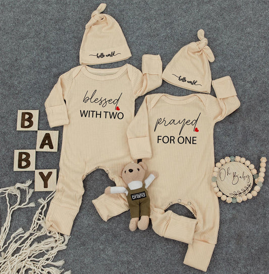 Blessed With Two Prayed For One Twin Baby Romper Set, Hello World Bodysuits, Matching Ribbed Newborn Outfits, Unisex Twin Shower Gift for Baby Twins (138 chars)