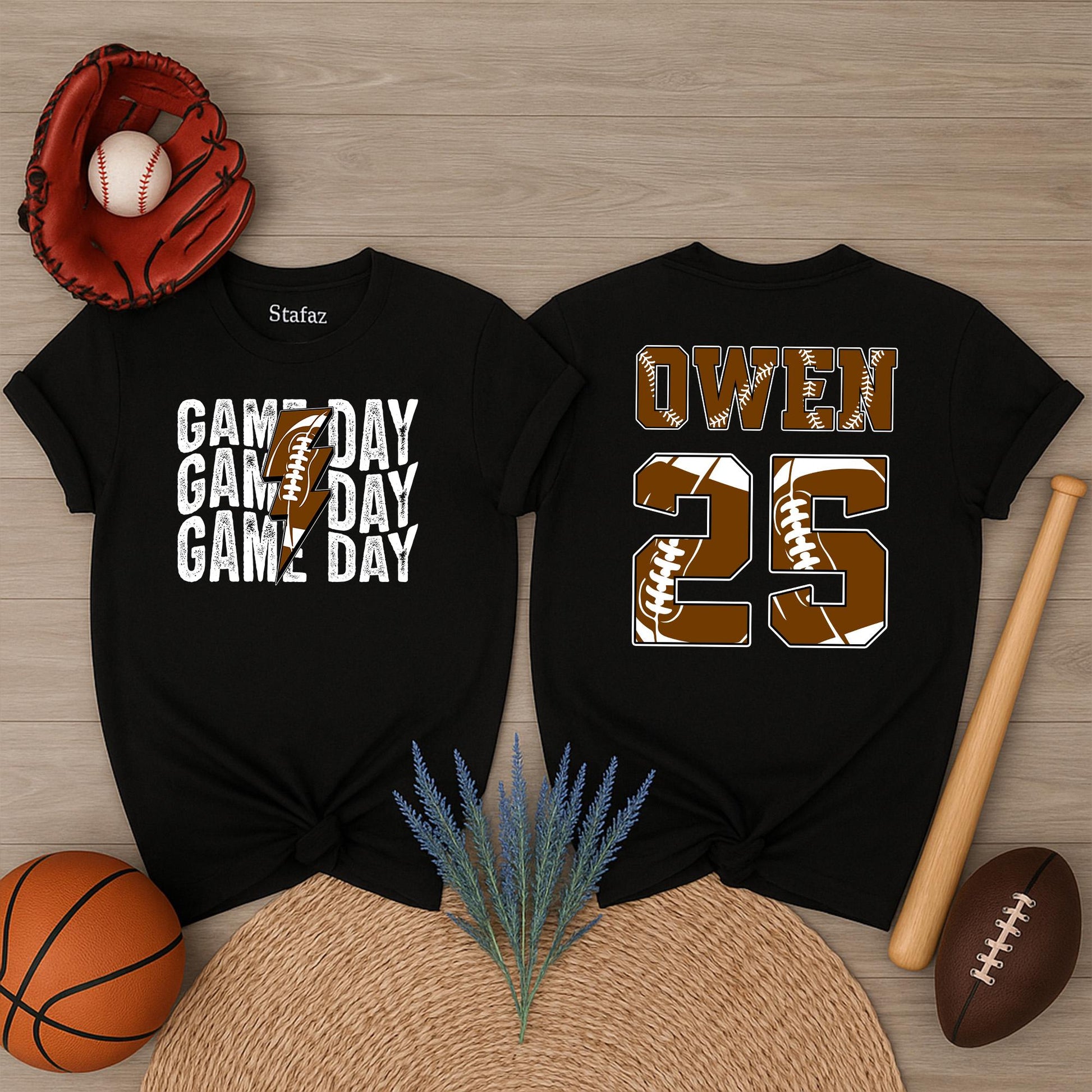 Custom Football Game Day Shirt - Personalized Name & Number for Kids, Mom, and Family! Brown/White Football Theme