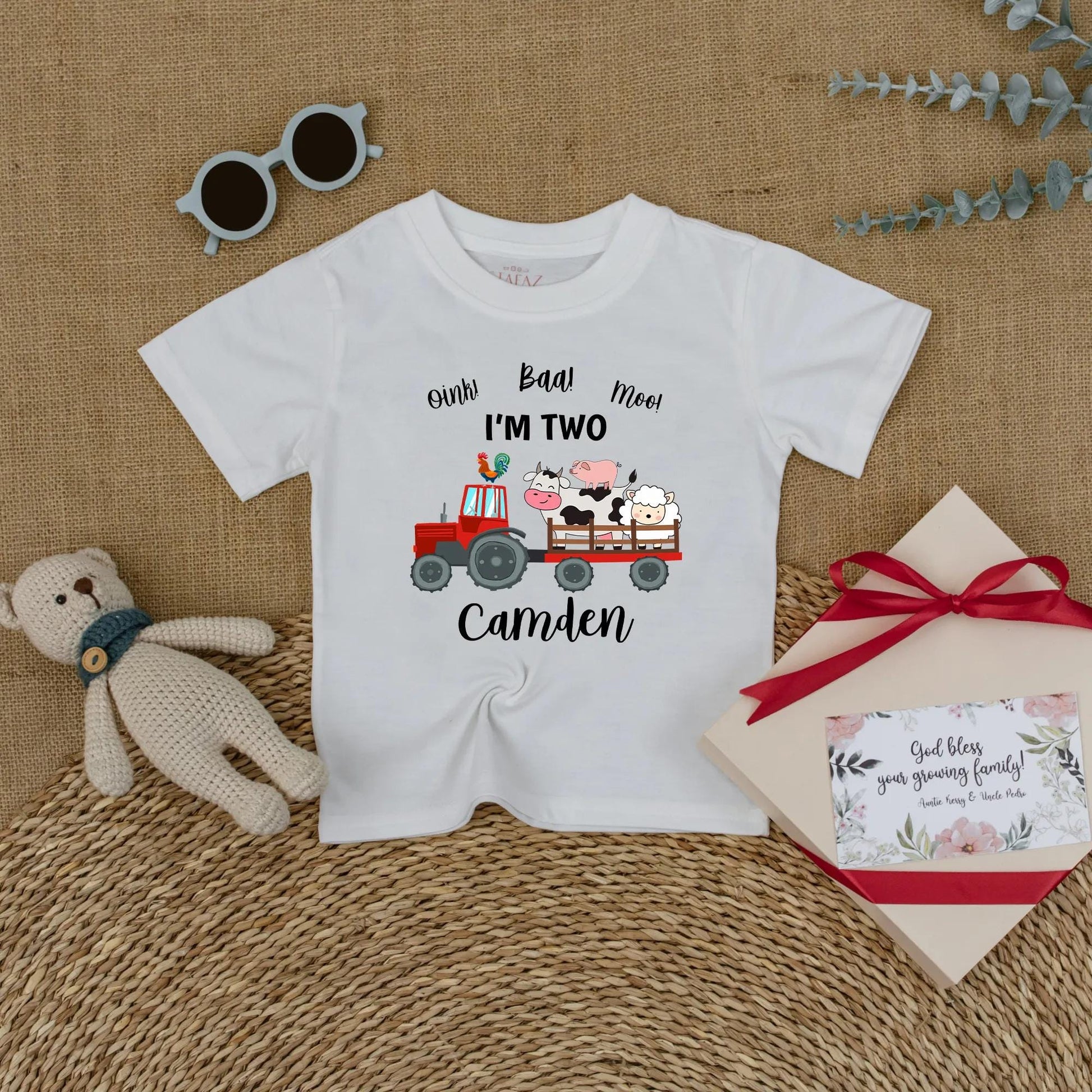 Personalized Oink Baa Moo I'm Two Red Tractor Farm Animal Birthday Shirt Toddler Boy Outfit Cute Cow Pig Sheep Rooster Tee Gift Idea Two Year Old