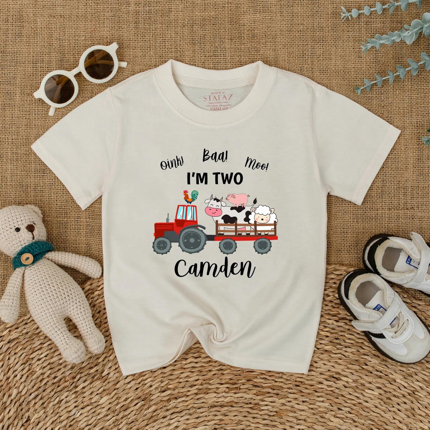 Personalized Oink Baa Moo I'm Two Red Tractor Farm Animal Birthday Shirt Toddler Boy Outfit Cute Cow Pig Sheep Rooster Tee Gift Idea Two Year Old