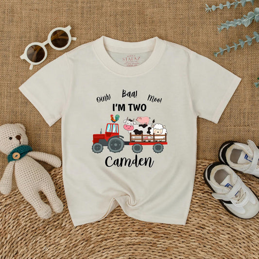 Personalized Oink Baa Moo I'm Two Red Tractor Farm Animal Birthday Shirt Toddler Boy Outfit Cute Cow Pig Sheep Rooster Tee Gift Idea Two Year Old