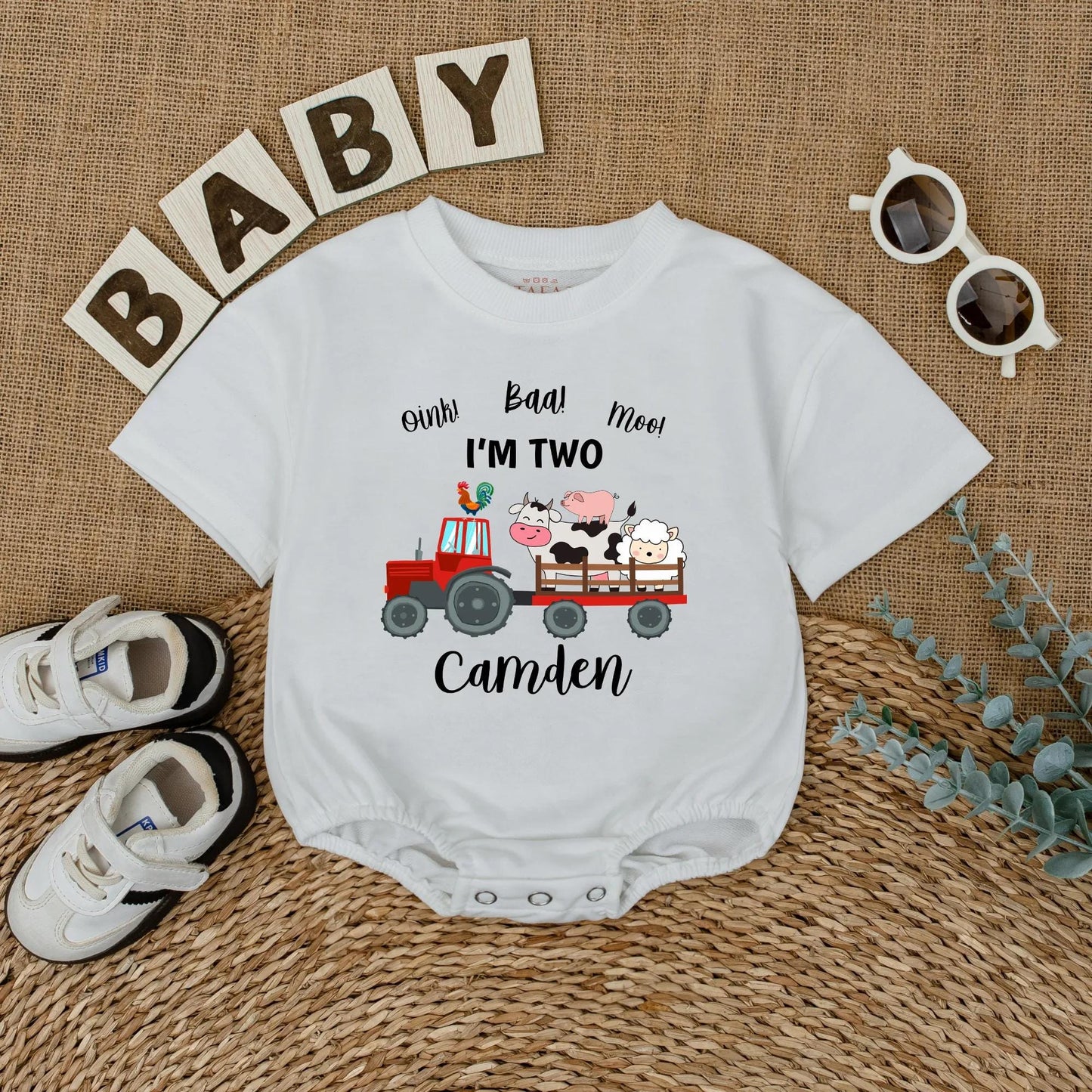 Personalized Oink Baa Moo I'm Two Red Tractor Farm Animal Birthday Shirt Toddler Boy Outfit Cute Cow Pig Sheep Rooster Tee Gift Idea Two Year Old
