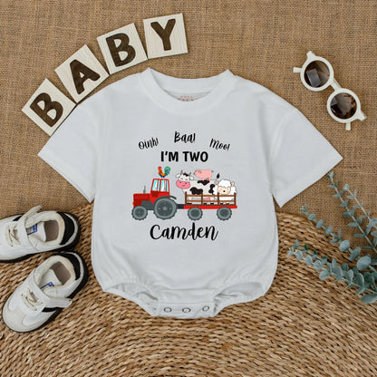 Personalized Oink Baa Moo I'm Two Red Tractor Farm Animal Birthday Shirt Toddler Boy Outfit Cute Cow Pig Sheep Rooster Tee Gift Idea Two Year Old