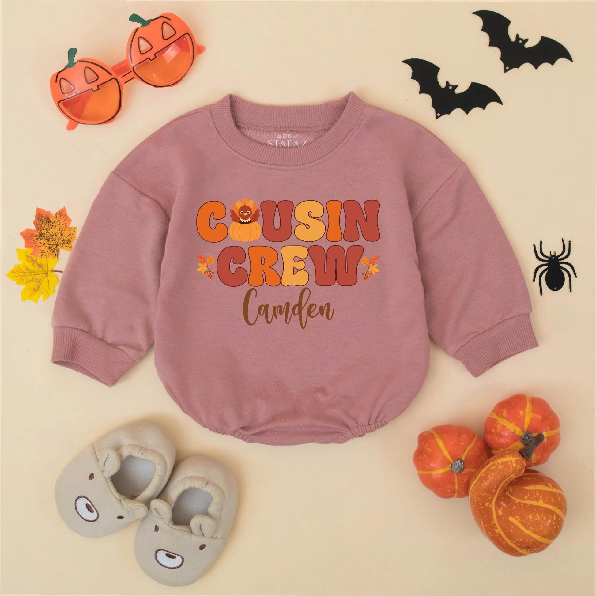 Personalized Matching Cousin Crew Thanksgiving Baby Romper Fall Toddler Outfit Retro Turkey Pumpkin Leaves Orange Brown Yellow First Holiday Gift