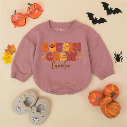 Personalized Matching Cousin Crew Thanksgiving Baby Romper Fall Toddler Outfit Retro Turkey Pumpkin Leaves Orange Brown Yellow First Holiday Gift