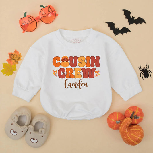 Personalized Matching Cousin Crew Thanksgiving Baby Romper Fall Toddler Outfit Retro Turkey Pumpkin Leaves Orange Brown Yellow First Holiday Gift