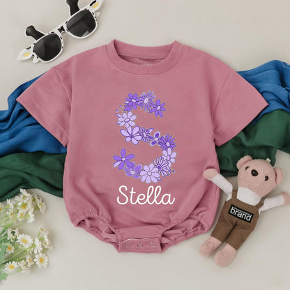 Stella's Purple Flower Romper, Personalized Floral Initial Baby Girl Outfit, Custom Birthday Clothes, Whimsical Cute Newborn Gift, Baby Shower Present (136 chars)