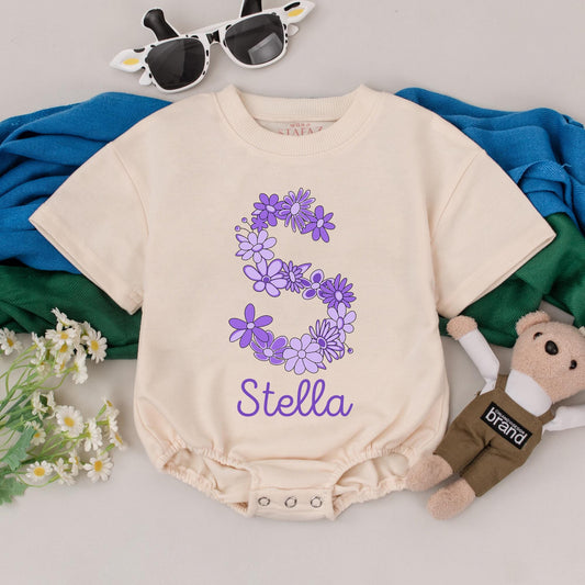 Stella's Purple Flower Romper, Personalized Floral Initial Baby Girl Outfit, Custom Birthday Clothes, Whimsical Cute Newborn Gift, Baby Shower Present (136 chars)