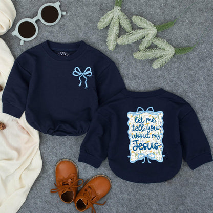 Baby Girl's 'Let Me Tell You About My Jesus' Romper - Light Blue Bow Design with Floral Accents, Infant Christian Faith Clothes, Religious Gift (139 chars)