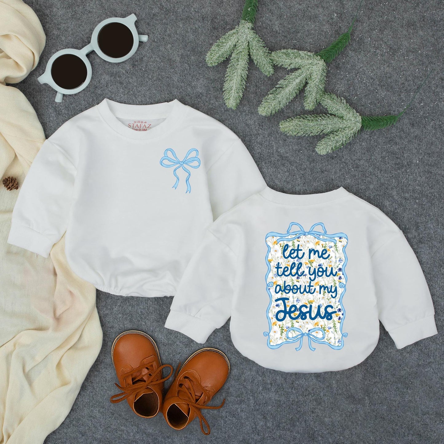 Baby Girl's 'Let Me Tell You About My Jesus' Romper - Light Blue Bow Design with Floral Accents, Infant Christian Faith Clothes, Religious Gift (139 chars)