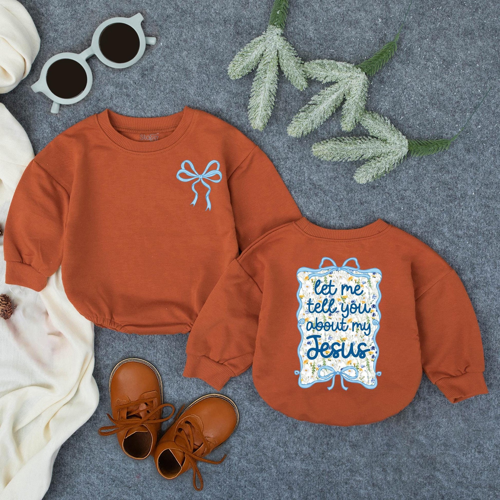 Baby Girl's 'Let Me Tell You About My Jesus' Romper - Light Blue Bow Design with Floral Accents, Infant Christian Faith Clothes, Religious Gift (139 chars)