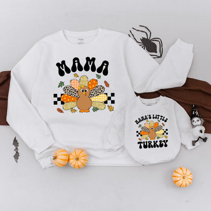 Mama and Little Turkey Matching Thanksgiving Sweatshirts Retro Gingham Leopard Polka Dot Feather Autumn Leaves Family Holiday Outfit